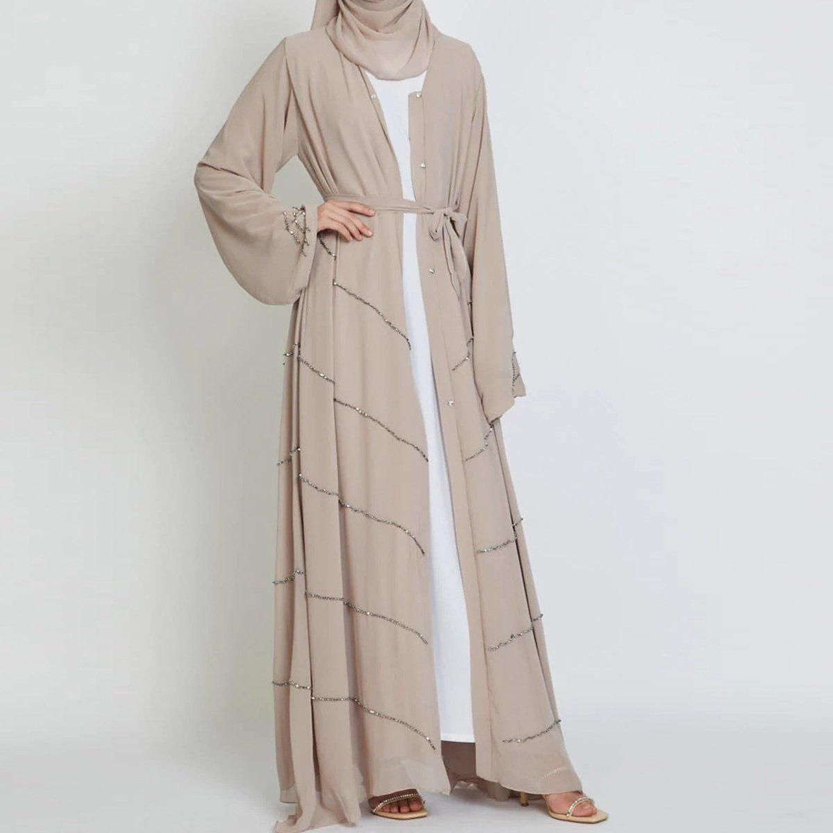 MOA083 Solid Color Rhinestone Embellished Abaya - Mariam's Collection