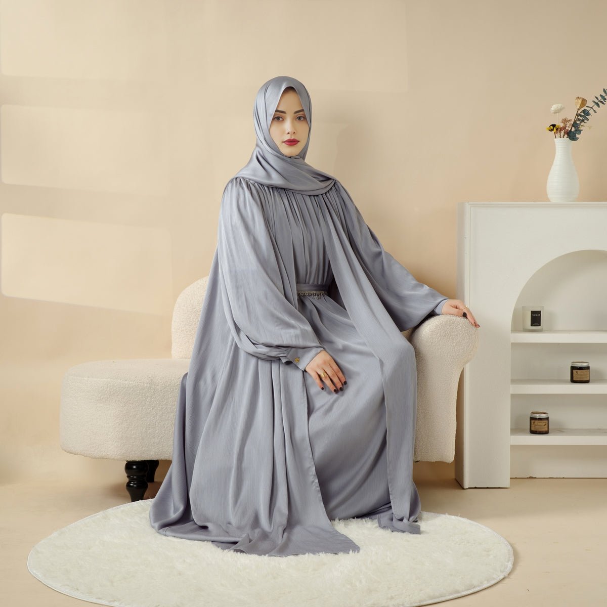 MOA084 Large Pleated Lantern Sleeve 4 - Piece Set Abaya - Mariam's Collection