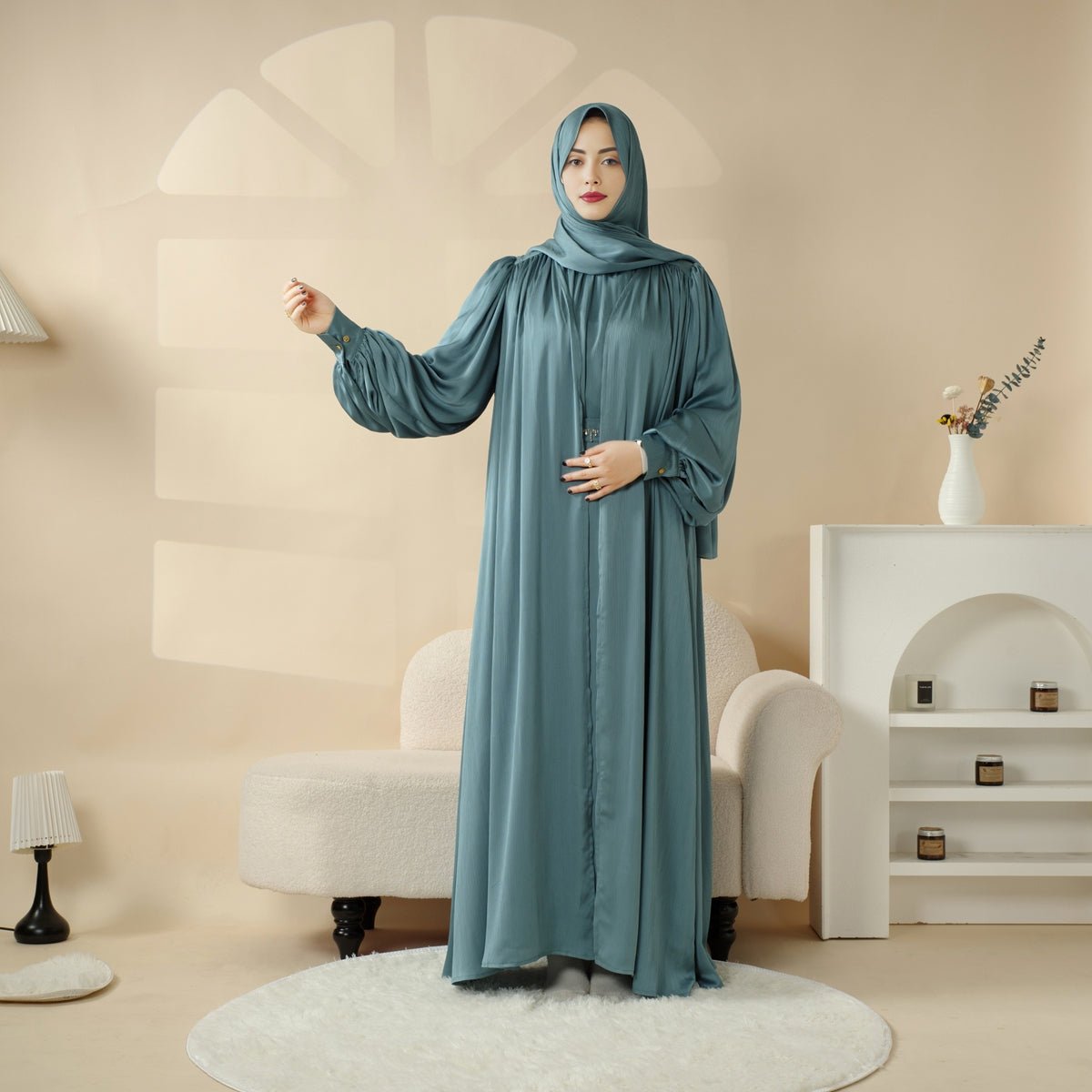 MOA084 Large Pleated Lantern Sleeve 4 - Piece Set Abaya - Mariam's Collection