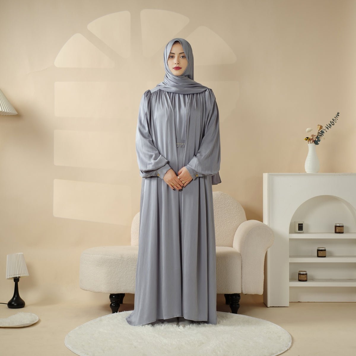 MOA084 Large Pleated Lantern Sleeve 4 - Piece Set Abaya - Mariam's Collection