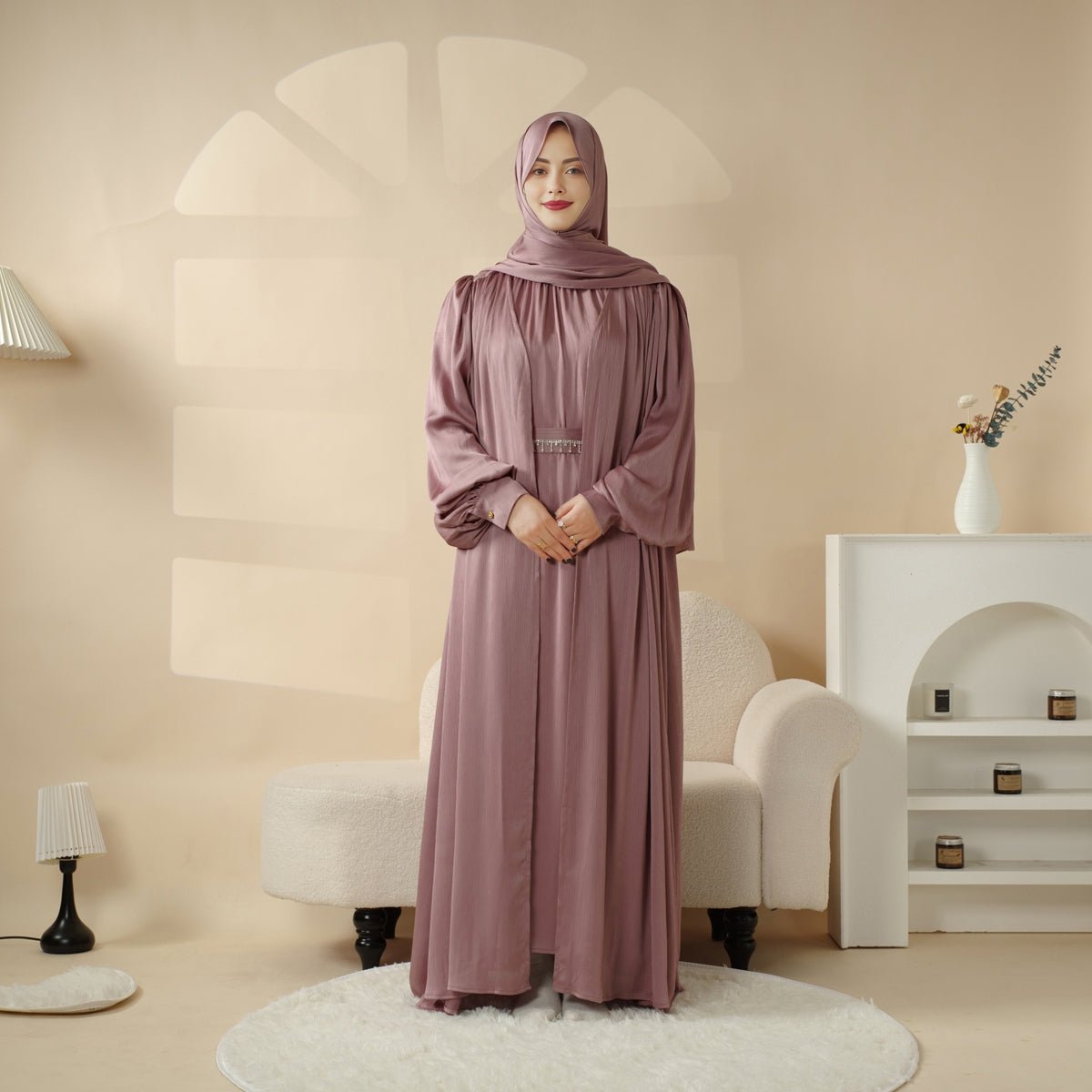 MOA084 Large Pleated Lantern Sleeve 4 - Piece Set Abaya - Mariam's Collection