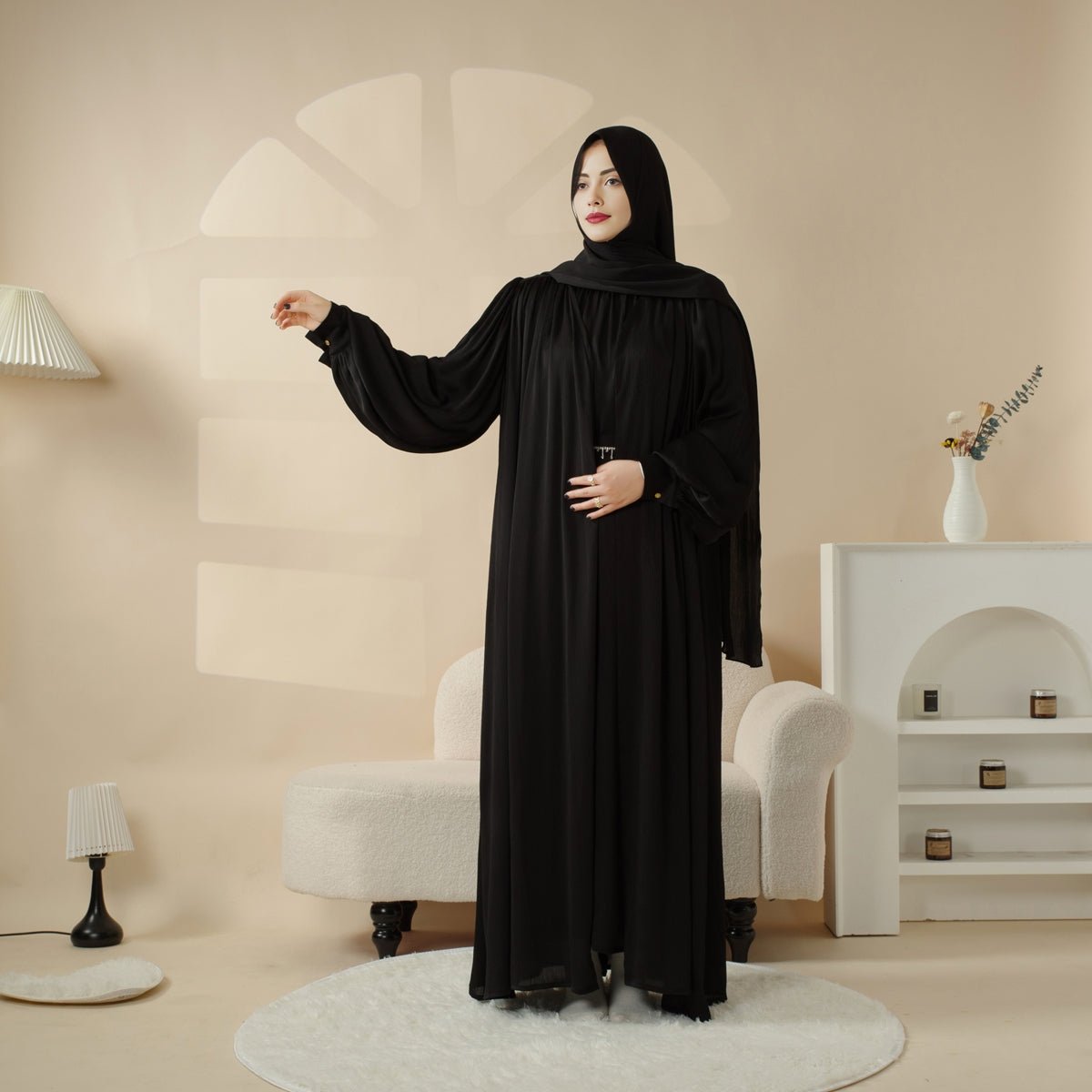 MOA084 Large Pleated Lantern Sleeve 4 - Piece Set Abaya - Mariam's Collection