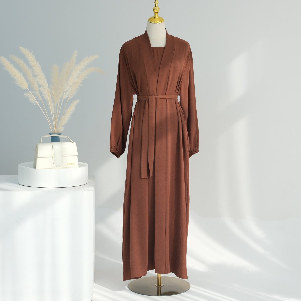 MOA092 Solid Color Elegant Open Abaya with Pockets 3 - Piece Set - Mariam's Collection