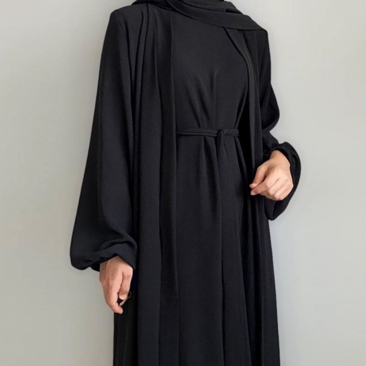 MOA092 Solid Color Elegant Open Abaya with Pockets 3 - Piece Set - Mariam's Collection