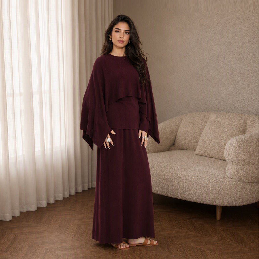 Modest Cape Knit Top & Maxi Skirt Set(MS537) - Mariam's Collection