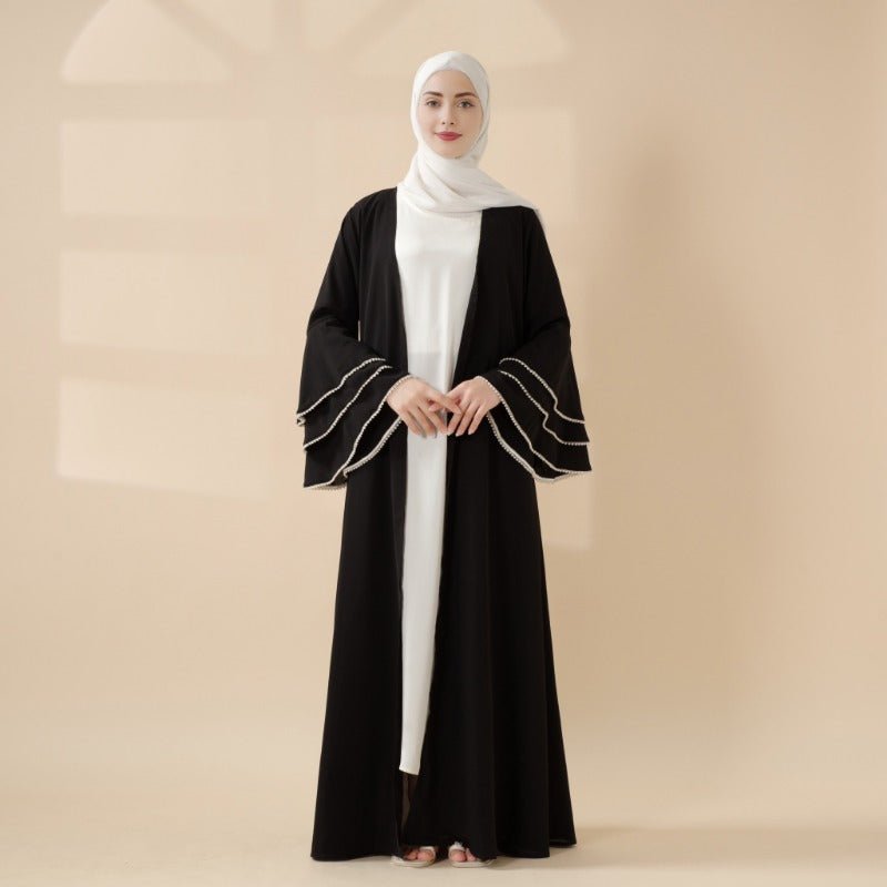 Modest Cardigan Black Robe Beaded Cuff Abaya with Layered Sleeves Elegant Design.(MOA136) - Mariam's Collection