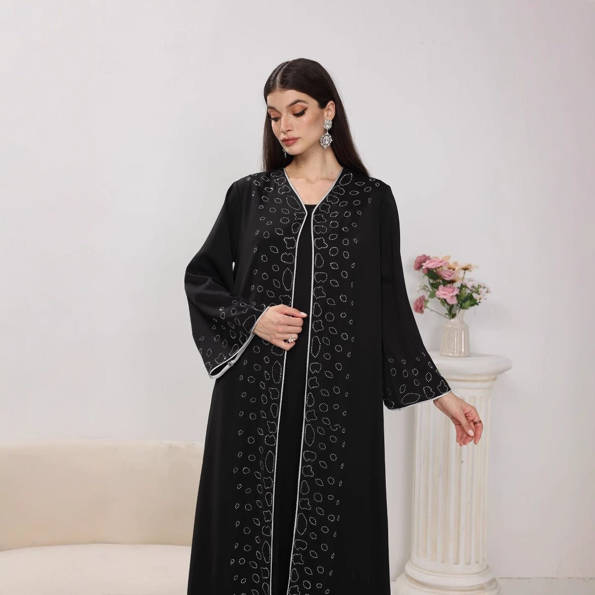 Modest Casual Black Diamond Embellished Loose Dress Abaya(MOA207) - Mariam's Collection