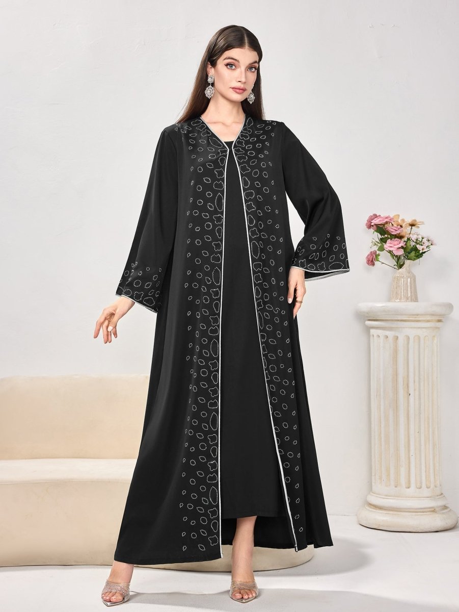 Modest Casual Black Diamond Embellished Loose Dress Abaya(MOA207) - Mariam's Collection