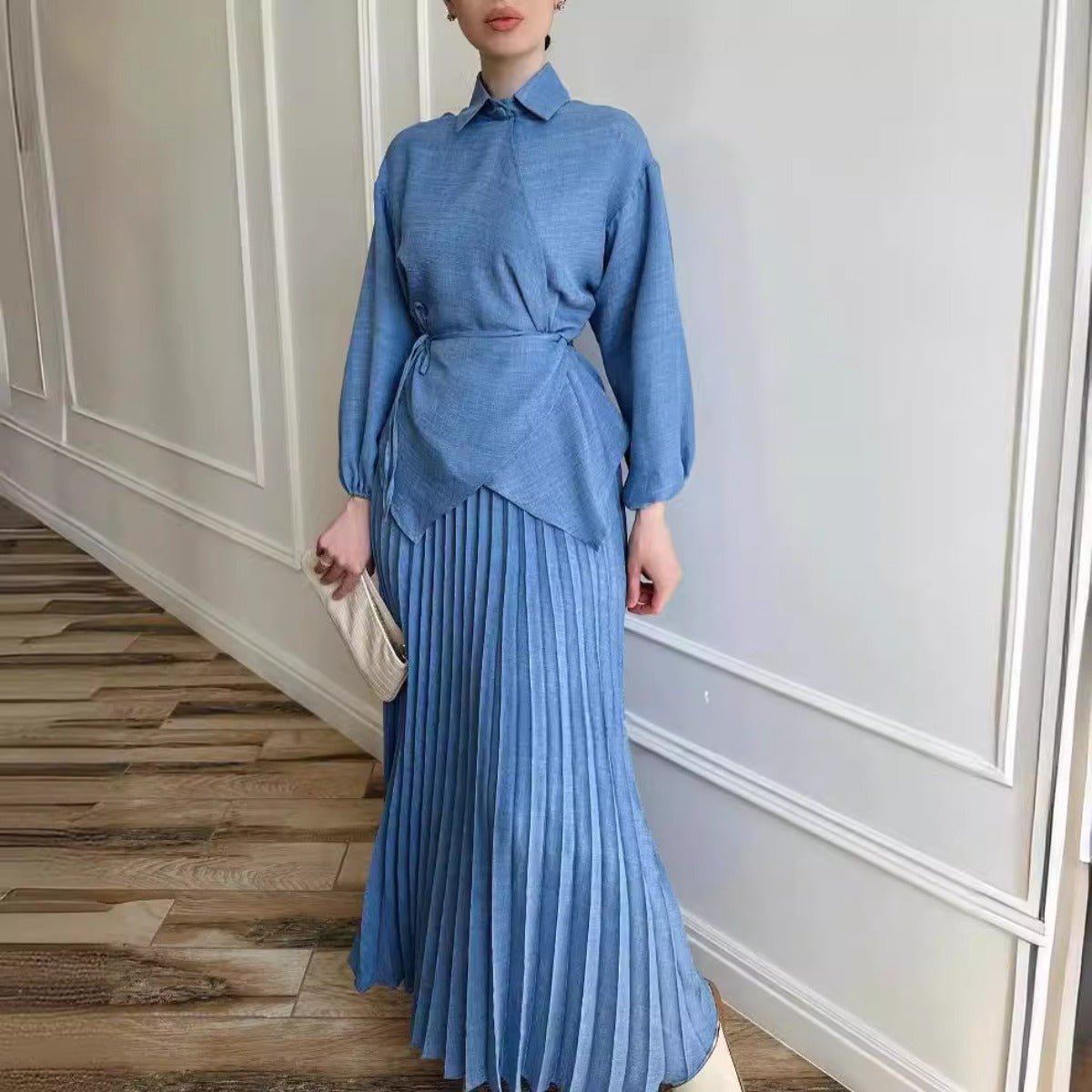 Modest Cross - Wrap Top with Matching Maxi Skirt Pleated Skirt Suit Set. (MS092) - Mariam's Collection
