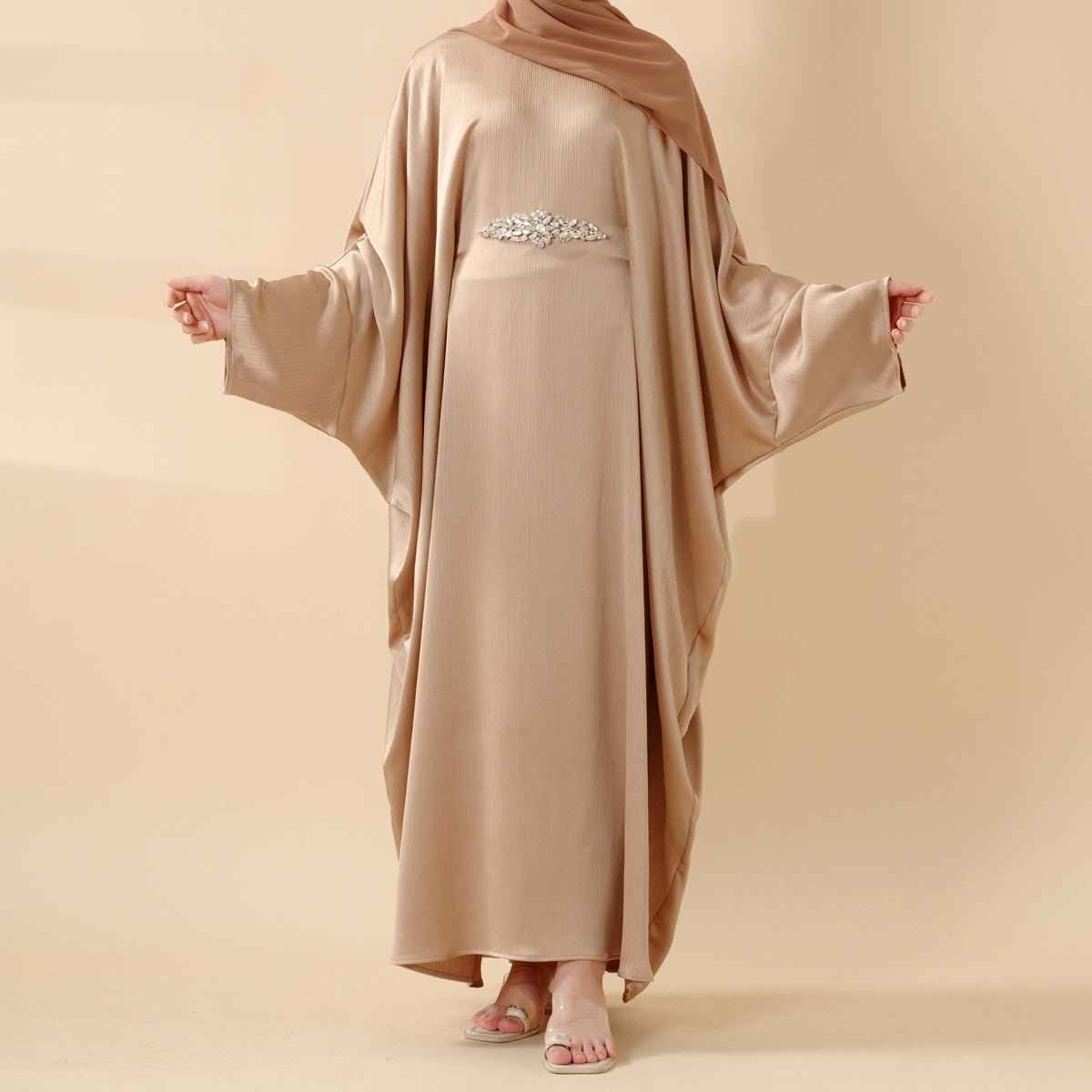 Modest Kaftan for Special Occasions: Batwing Abaya With Rhinestone Waist (MA135) - Mariam's Collection