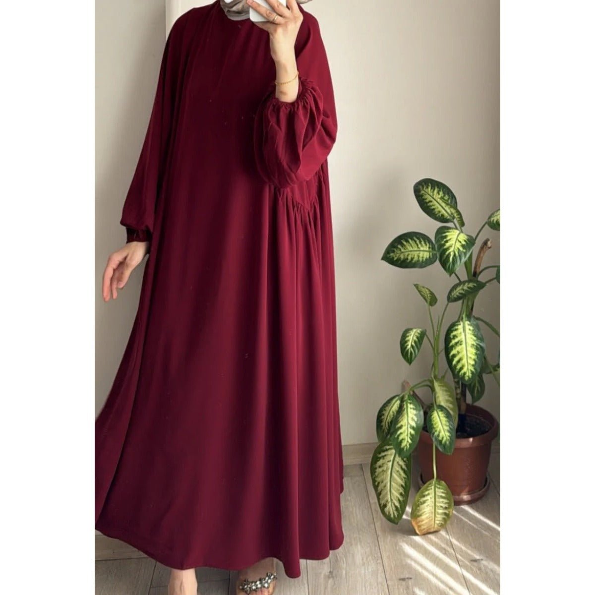 Modest Loose Fit Abaya with Lantern Sleeves | Ice Crepe Pullover Abaya (MA153) - Mariam's Collection