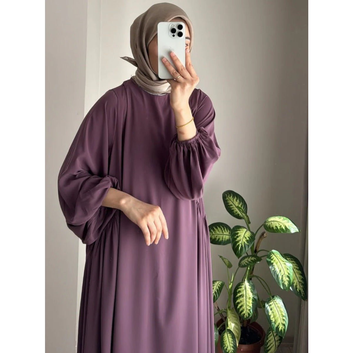 Modest Loose Fit Abaya with Lantern Sleeves | Ice Crepe Pullover Abaya (MA153) - Mariam's Collection