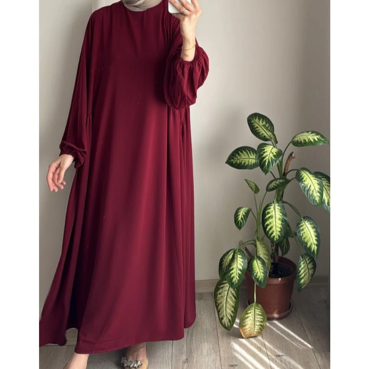 Modest Loose Fit Abaya with Lantern Sleeves | Ice Crepe Pullover Abaya (MA153) - Mariam's Collection