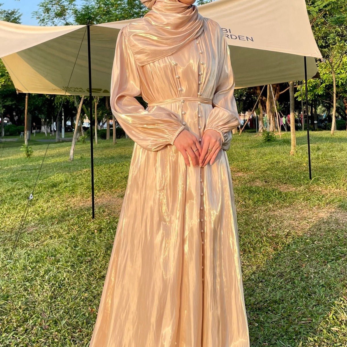 Modest Luxe Pearl - Embellished Streamer Evening Abaya Dress (MOA149) - Mariam's Collection