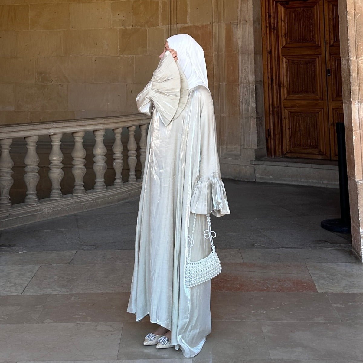 Modest Luxury Moonlight Glow Abaya Set | Cream White Two - Piece with Bell Sleeves. (MOA189) - Mariam's Collection