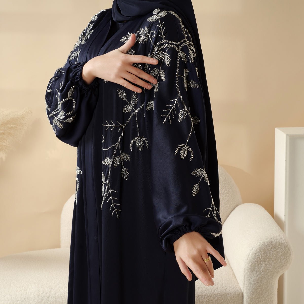 Modest Luxury Navy Blue Pleated Beaded Robe Abaya Set with Silver Embroidery. (MOA168) - Mariam's Collection