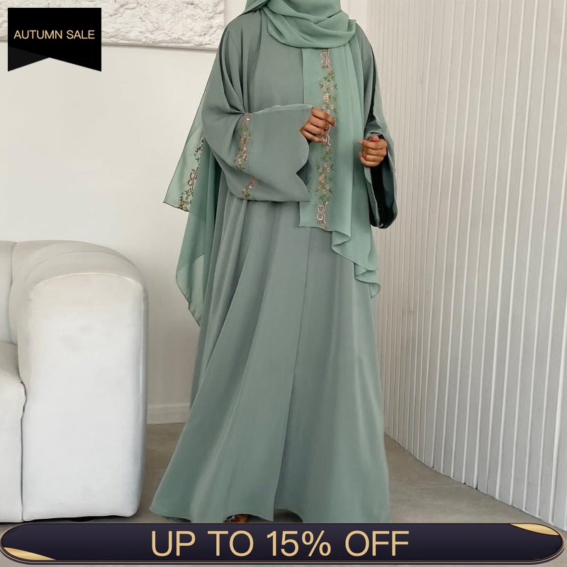 Modest Nida Fabric Floral Embroidered Abaya With Bell Sleeves | 3 - Piece Set (MOA229) - Mariam's Collection