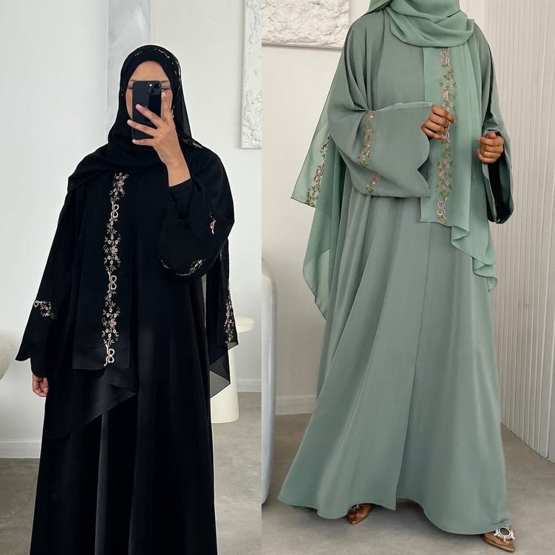 Modest Nida Fabric Floral Embroidered Abaya With Bell Sleeves 