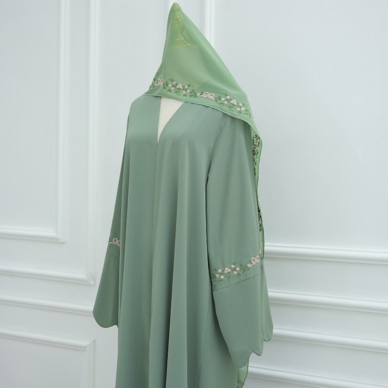 Modest Nida Fabric Floral Embroidered Bell Sleeves Cardigan 3 - Piece Set(MOA229) - Mariam's Collection