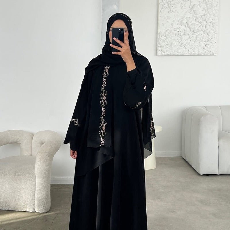 Modest Nida Fabric Floral Embroidered Abaya With Bell Sleeves 