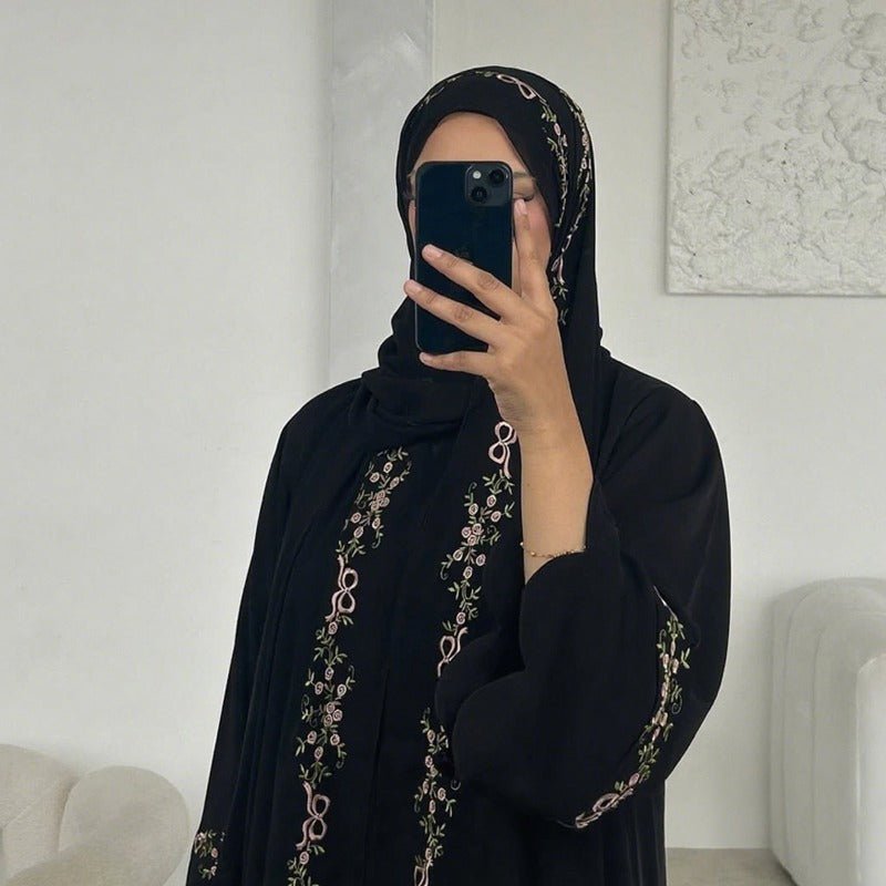 Modest Nida Fabric Floral Embroidered Bell Sleeves Cardigan 3 - Piece Set(MOA229) - Mariam's Collection