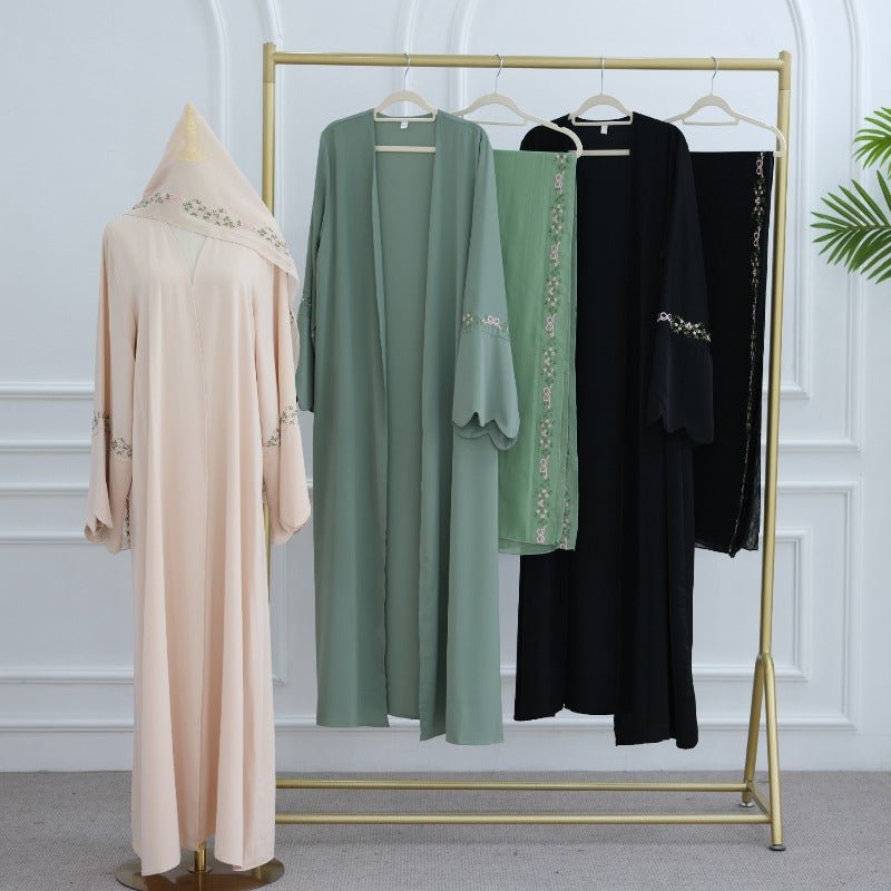 Modest Nida Fabric Floral Embroidered Bell Sleeves Cardigan 3 - Piece Set(MOA229) - Mariam's Collection