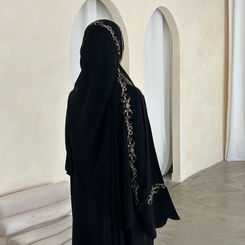 Modest Nida Fabric Floral Embroidered Bell Sleeves Cardigan 3 - Piece Set(MOA229) - Mariam's Collection