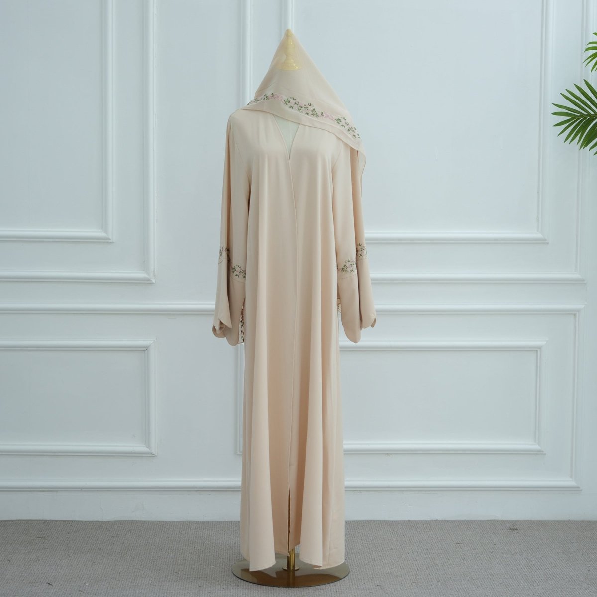 Modest Nida Fabric Floral Embroidered Bell Sleeves Cardigan 3 - Piece Set(MOA229) - Mariam's Collection