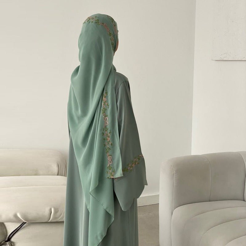 Modest Nida Fabric Floral Embroidered Bell Sleeves Cardigan 3 - Piece Set(MOA229) - Mariam's Collection