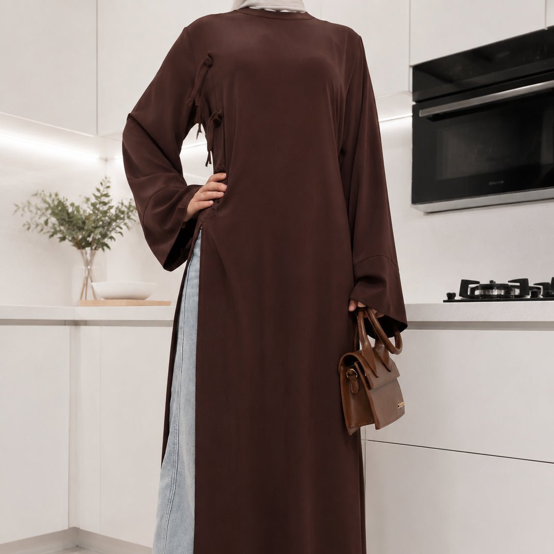 Back view of Nida tunic top showing concealed zip at round neckline