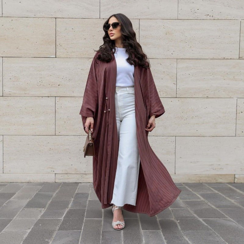 V-Neck Abaya Cardigan Robe | Bat Sleeve Kimono Cover-Up With Pearl Buttons (MOA226)