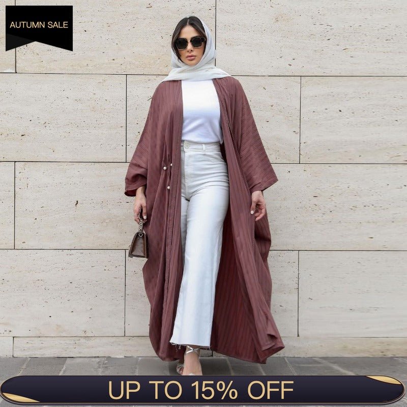 V-Neck Abaya Cardigan Robe | Bat Sleeve Kimono Cover-Up With Pearl Buttons (MOA226)