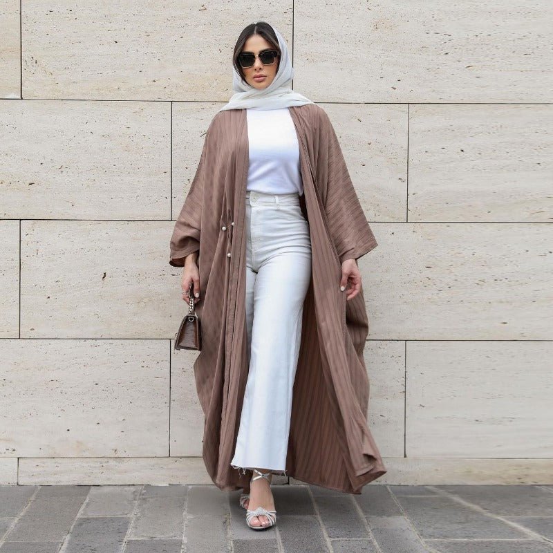Modest Pleated Striped Abaya Cardigan Robe | V - Neck Bat Sleeve Kimono Cover - Up With Pearl Button(MOA226) - Mariam's Collection