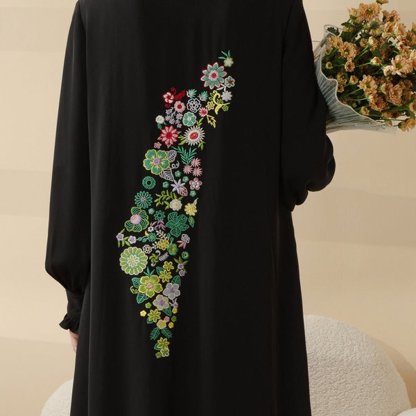 Modest Pullover Abaya with Palestinian Embroidery, Elegant Ruffled Cuff Maxi Dress (MA141) - Mariam's Collection