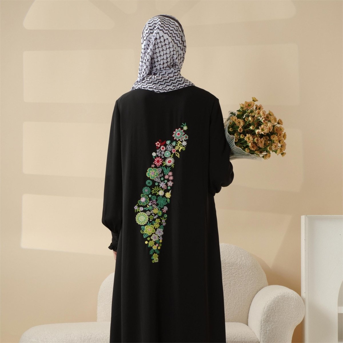 Modest Pullover Abaya with Palestinian Embroidery, Elegant Ruffled Cuff Maxi Dress (MA141) - Mariam's Collection