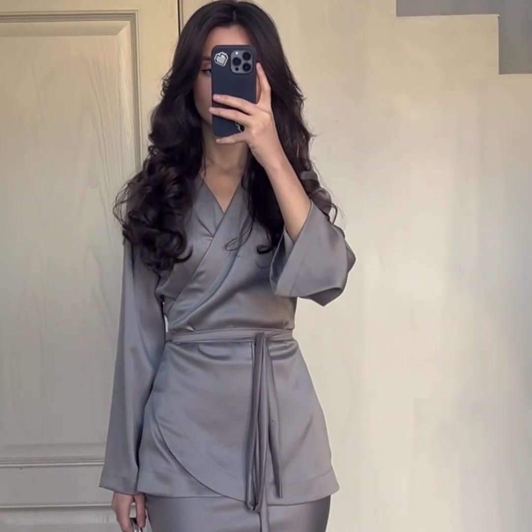 Modest Two - Piece Set Elegant Grey Satin Splicing Waist Abaya Dress Suit (MA206) - Mariam's Collection