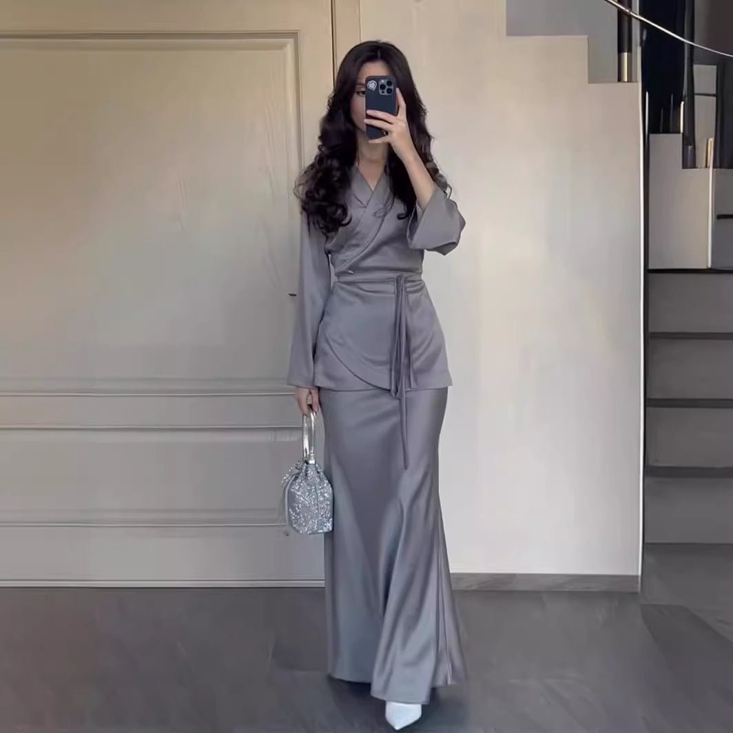 Modest Two - Piece Set Elegant Grey Satin Splicing Waist Abaya Dress Suit (MA206) - Mariam's Collection