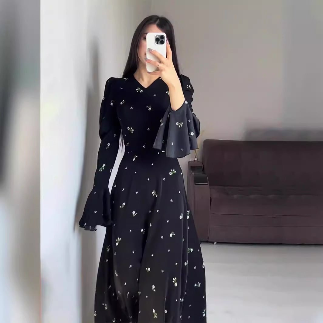 Modest V - Neck Boho Chiffon Black Floral Abaya Dress with Lotus Sleeve Flared Bell Sleeves. (MA202) - Mariam's Collection
