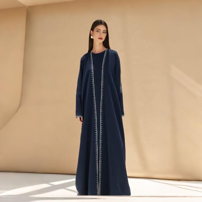 Moonlight Navy Abaya With White Geometric Stitch Embroidery | 2 - Piece Set (MOA119) - Mariam's Collection