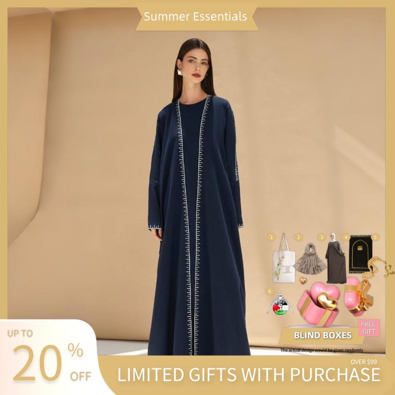 Moonlight Navy Abaya With White Geometric Stitch Embroidery | 2 - Piece Set (MOA119) - Mariam's Collection