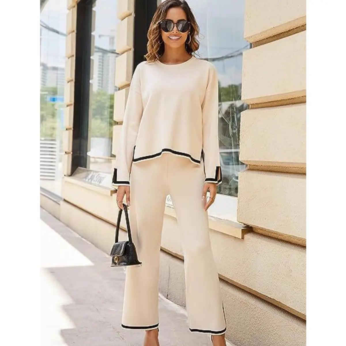 MS003 2 Piece Outfits Long Sleeve Knit Sweater Top Wide Leg Pants Lounge Sets - Mariam's Collection