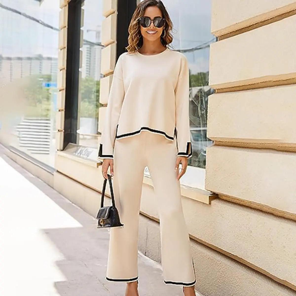 MS003 2 Piece Outfits Long Sleeve Knit Sweater Top Wide Leg Pants Lounge Sets - Mariam's Collection