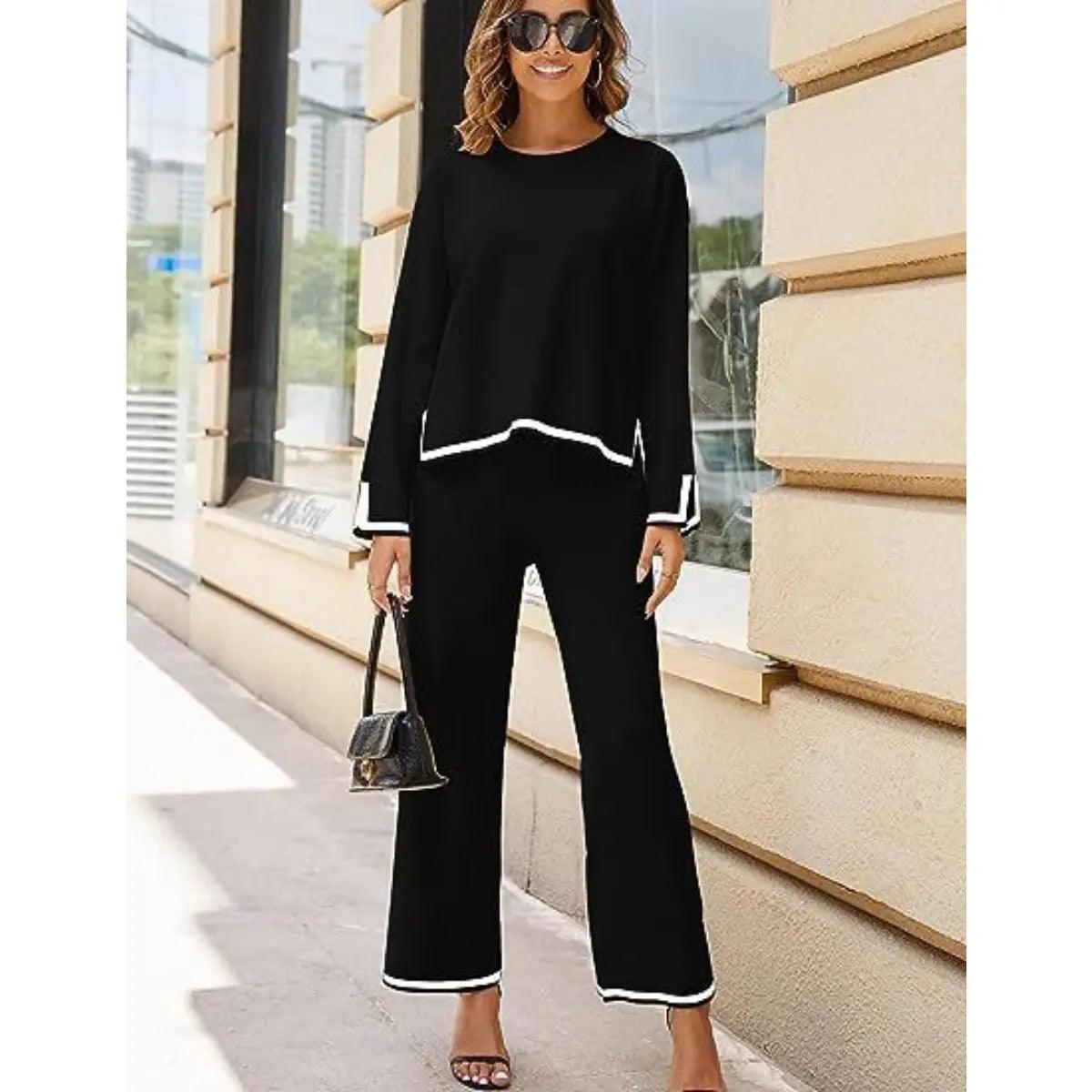 MS003 2 Piece Outfits Long Sleeve Knit Sweater Top Wide Leg Pants Lounge Sets - Mariam's Collection