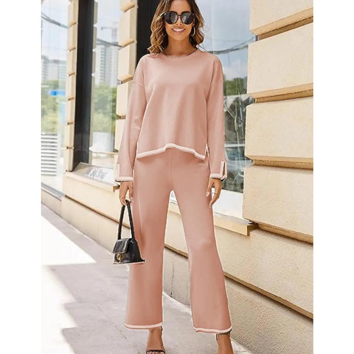 MS003 2 Piece Outfits Long Sleeve Knit Sweater Top Wide Leg Pants Lounge Sets - Mariam's Collection