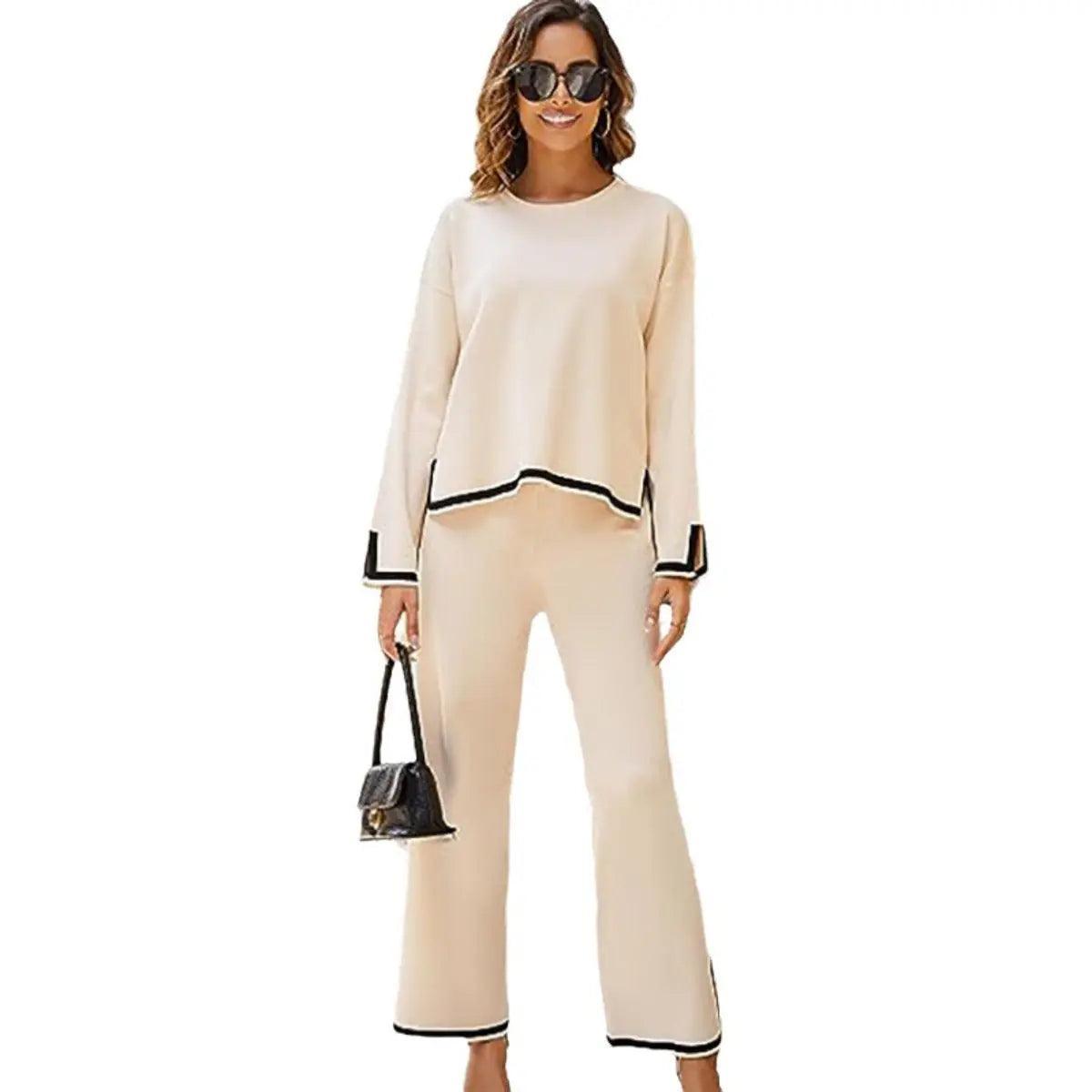 MS003 2 Piece Outfits Long Sleeve Knit Sweater Top Wide Leg Pants Lounge Sets - Mariam's Collection