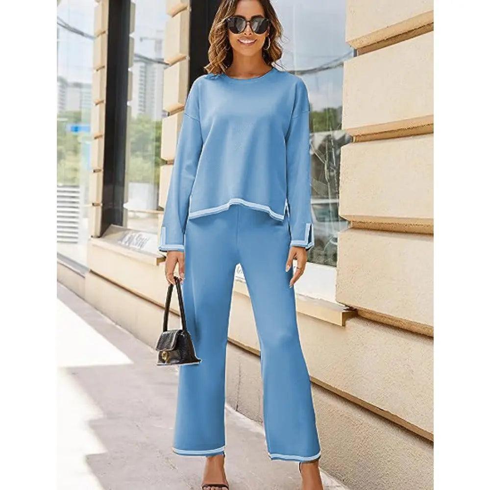 MS003 2 Piece Outfits Long Sleeve Knit Sweater Top Wide Leg Pants Lounge Sets - Mariam's Collection