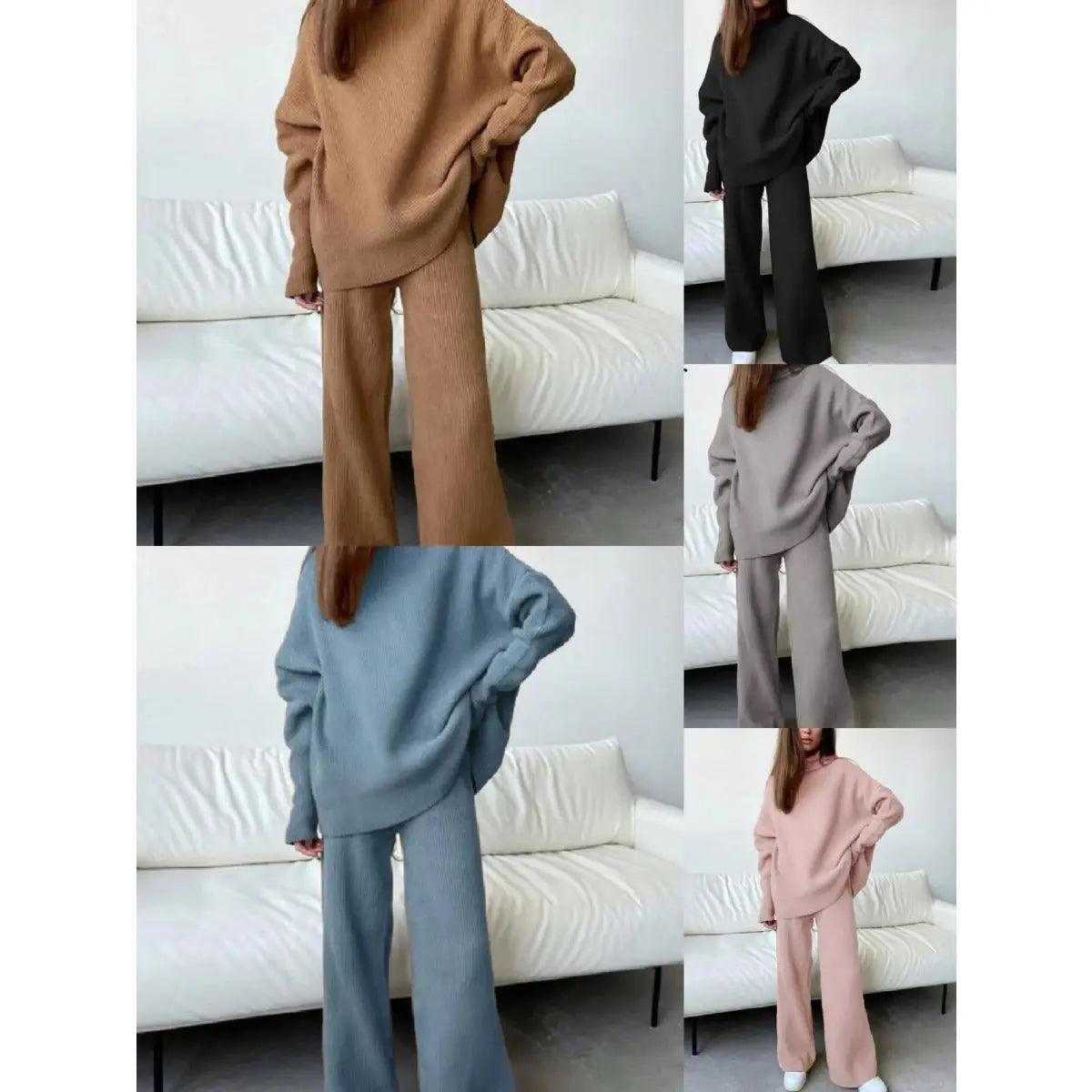 MS005 2 Piece Outfits Knitted With Wide Leg Pants Cozy Knit Sweatsuit Sets - Mariam's Collection