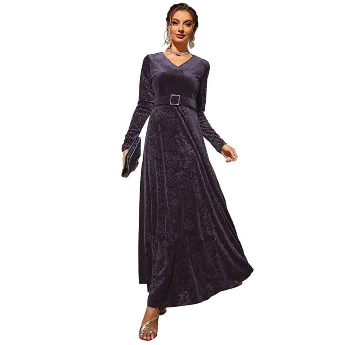 MS011 Elegant V-Neck Long Sleeve High Waist Flared Maxi Velvet Dress - Mariam's Collection