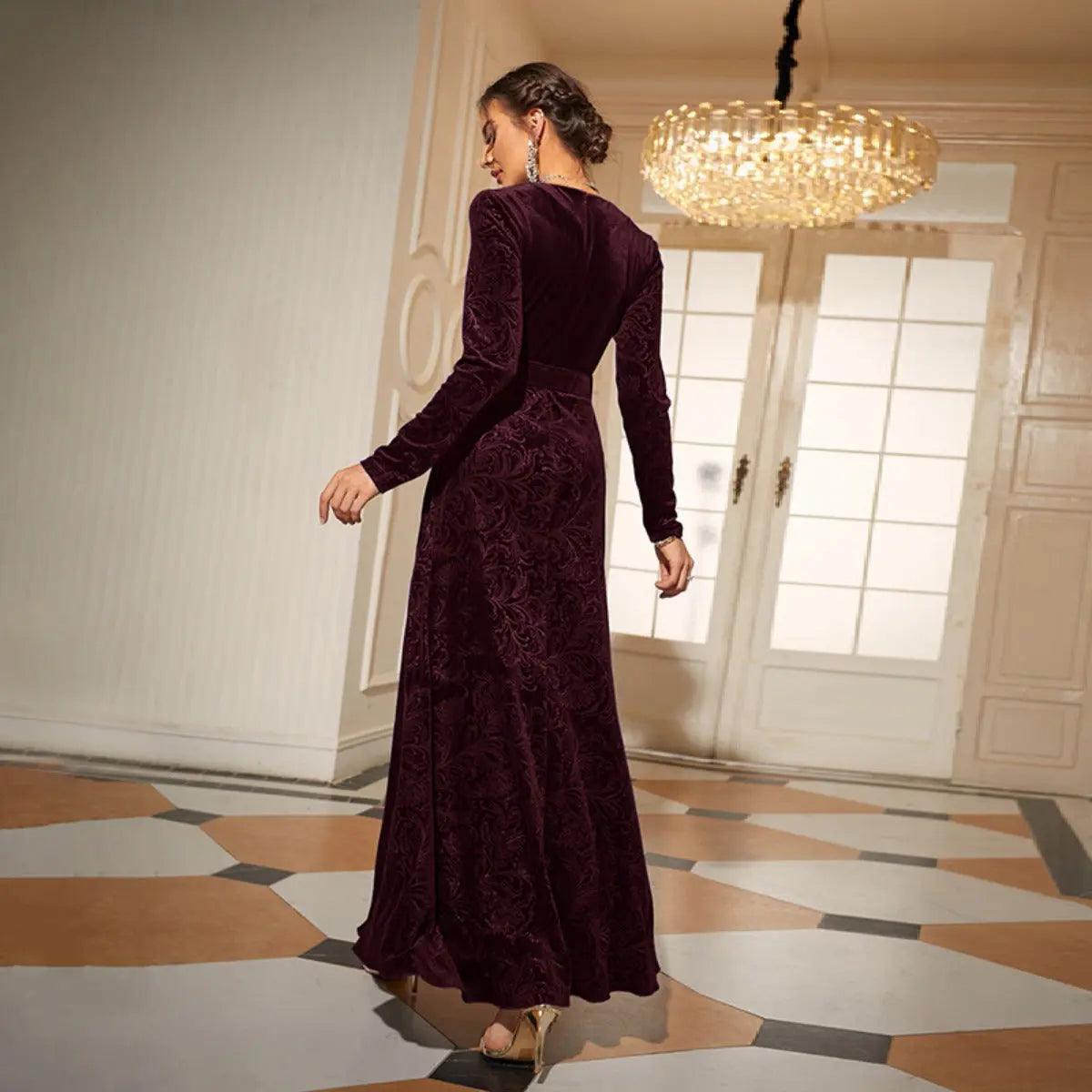 MS011 Elegant V-Neck Long Sleeve High Waist Flared Maxi Velvet Dress - Mariam's Collection