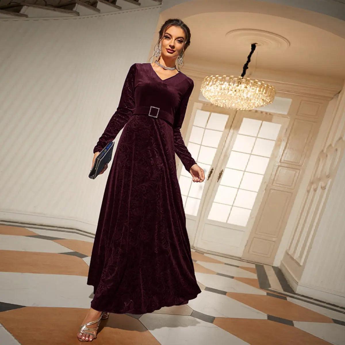 MS011 Elegant V-Neck Long Sleeve High Waist Flared Maxi Velvet Dress - Mariam's Collection